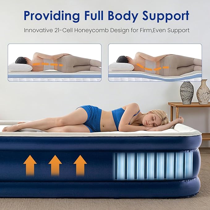 Camping Twin Air Mattress with Built-in Pump 18" Thickness 330lbs Heavy Duty Comfortable Blow up Air Mattress with Carry Bag Inflatable Foldable Flocked Top Air Bed for Travel, Home (Blue & Grey)