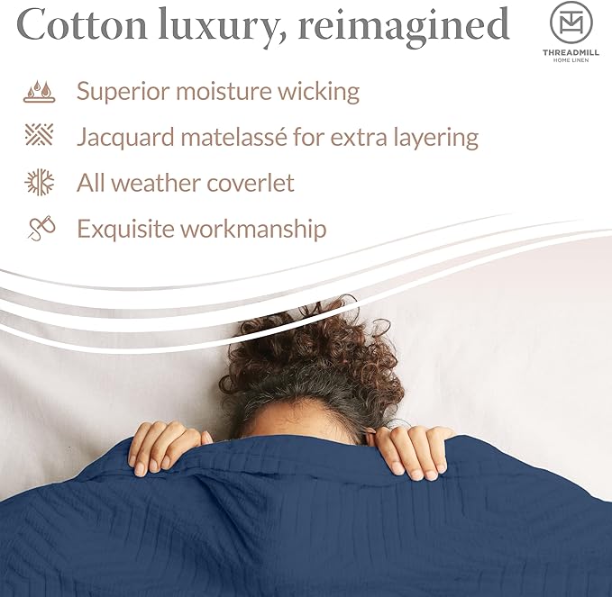 Threadmill Luxury Cotton Blankets for King Size Bed | All-Season Cozy 100% Cotton King Size Blanket | Aster Soft & Lightweight Coverlet fits California King Size Bed, 104x92 | Folkstone Blue