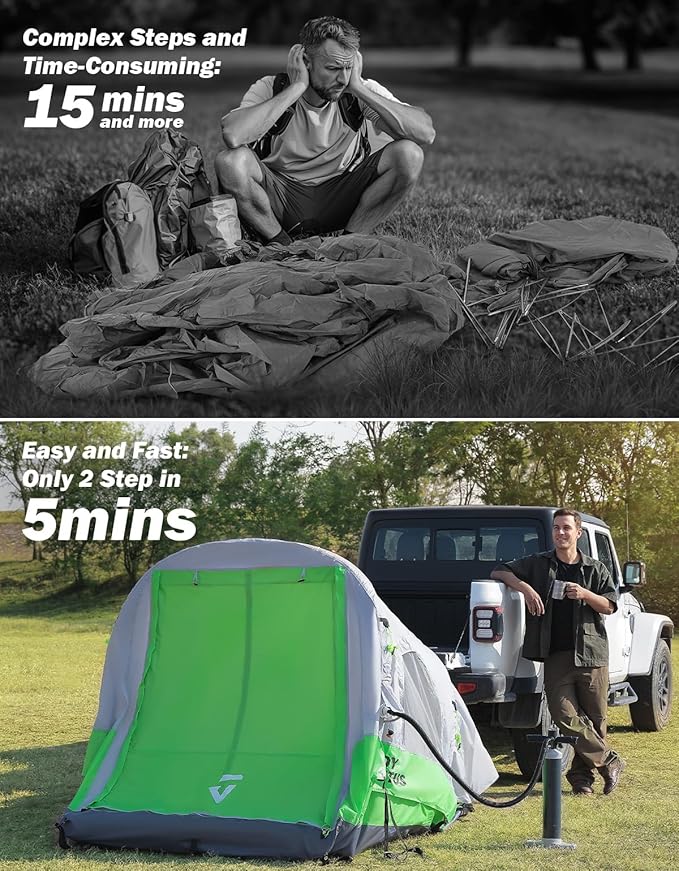 JOYTUTUS Inflatable Truck Bed Tent 5.5-6.5FT with Awning, Includes Air Pump for Quick 30S Setup, Dual-use Pickup or Camping Tent for 2 Person, Truck Tent with Waterproof Roof Shade and 3 Windows