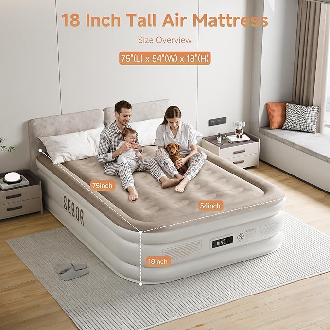 Sebor Air Mattress Full with Built-in Pump 18", Comfortable Self-Inflating Air Mattress with High-Speed Pump, Durable Blow Up Mattress Full with Storage Bag for Guests, Camping, Travel