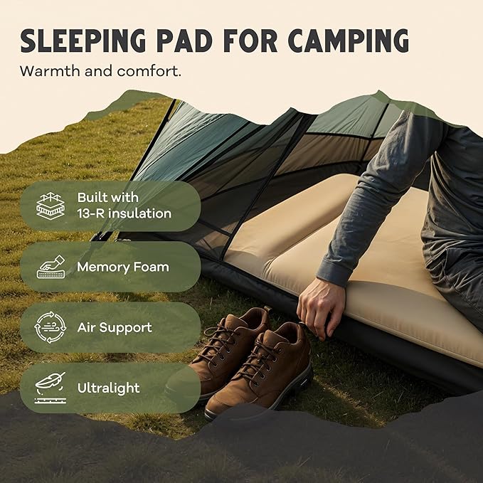 WanderMate - Self-Inflating Camping Sleeping Pad - Inflatable Camping Mattress for Car, Backpacking, and Tent - Durable 3.15-Inch Memory Foam and Air Support