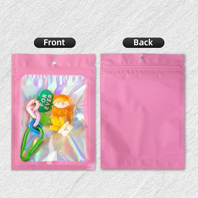 50Pcs Pink Holographic Mylar Bags, 5.5x7.8 inch Resealable Foil Zipper Pouches for Gummies, Party Favors, Small Business Packaging