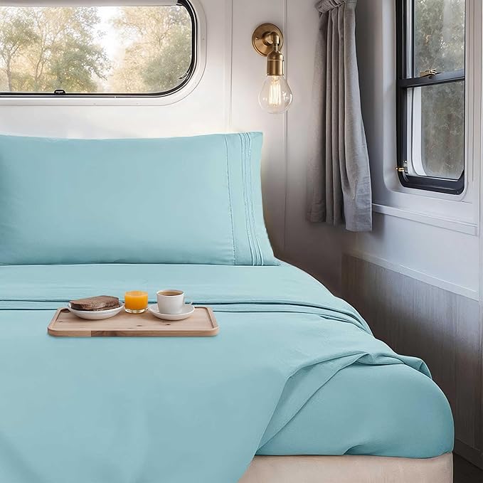 Hearth & Harbor Short Queen Sheets for RV, Light Blue RV Queen Sheets, Silky Soft 1800 Microfiber Bed Sheet for Camper, 4 Piece RV Bedding with Pillowcases