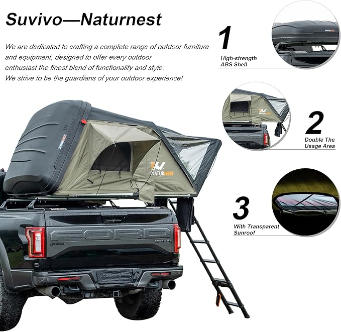 Naturnest Sirius1 Hardshell Roof Top Tent, All-Weather Overland Camping for SUV, Truck, 4-Season 2-3 Person HeavyDuty Rooftop Tent with Memory Foam Mattress, Built-in LED Lighting & Ventilation System