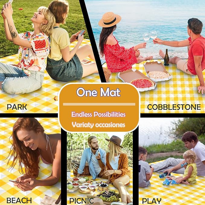 Large Picnic Blankets, 3 Layers Thick Soft Gingham Camping Blanket, 59X79IN Foldable Waterproof Rug, Portable Outdoor Mat for Beach Grass Hiking Park Travel, Sandproof, Machine Washable-Yellow