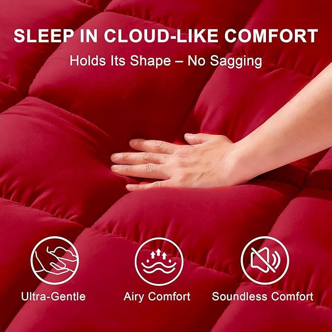 Quilted Mattress Pad Pillow Top Mattress Cover Protector Cooling Soft for Breathable Padded Deep Pocket 8-21 Fitted Supportive(Red,Full Size)