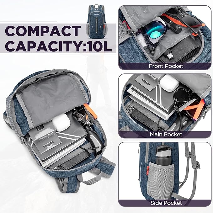 ZOMAKE Ultra Lightweight Packable Backpack 10L,Small Foldable Backpacks Hiking Water Resistant Collapsible Daypack for Women Men(Navy Blue-C1)