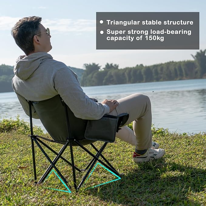 Folding Camping Chairs, Portable Moon Chair Support Up to 330Lbs with Carry Bag, Lightweight Foldable Outdoor Chair with Cup Holder, Gray