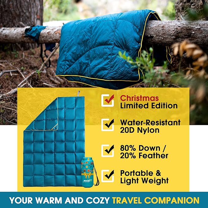 4Monster Down Camping Blanket - Outdoor Travel Quilt Puffy 650 Fill, Packable, Lightweight,Wind & Waterproof | Ideal for Stadium, Backpacking,Picnics, Beach and Hiking