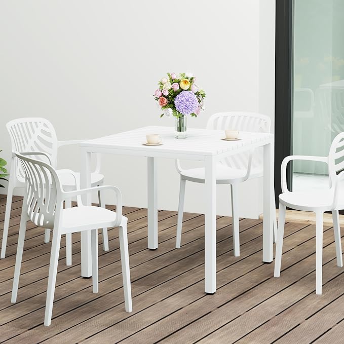 Costaelm Outdoor Dining Table for 4, Square Metal Patio Table, 4-Person Weather Resistant Steel Slat Table for Lawn Garden Backyard, White