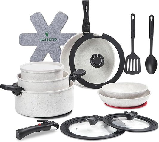 23 Pcs Nonstick Pots and Pans Set with 4 Detachable Handle, Ceramic Cookware Set Non Toxic, Induction Dishwasher Oven Safe Cookware Set, RV Kicthen Set Removable Handle, White Granite