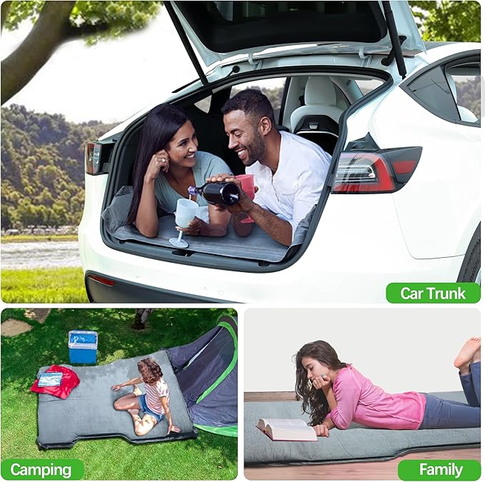 HSB Compatible for Tesla Model Y Camping Mattress, Velvety Sleeping Surface,Self Inflating Sleeping Pad with Air Pump, Back Seat Fit for Travel – Carry Bag Included