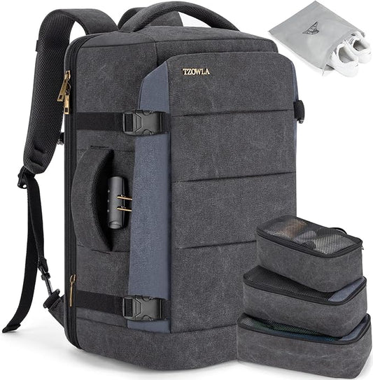 Tzowla 40L Canvas Expandable Travel Laptop Backpack for Men Women Carry on Flight Approved,Large Capacity Anti Theft Backpacks,Vintage Personal Item Bag Fit 17.3" Laptop(Black & Blue)