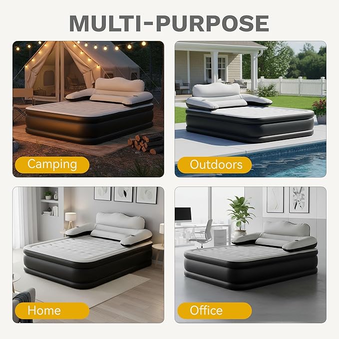 DWVO Queen Size Air Mattress with Headboard & Cup Holders, Blow Up Bed with Built-in Pump & Carry Bag, Fast Inflation Air Bed for Home, Guests & Camping, 60" x 80" x 36", Gray