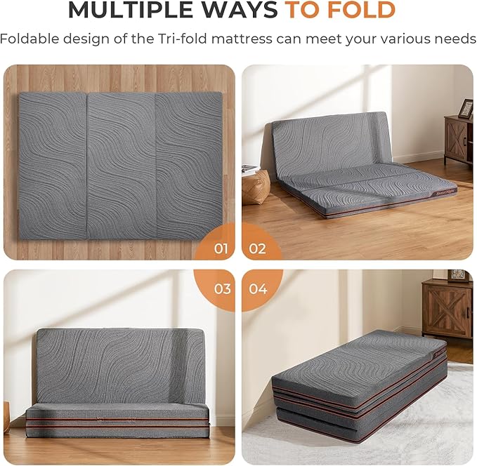 Sweetnight 4 Inch Folding Mattress - Single Size Trifold Mattress Grey with Breathable Cover & Non-Slip Bottom| Portable Floor Mattress for Camping,Travel,RV,Guest Room