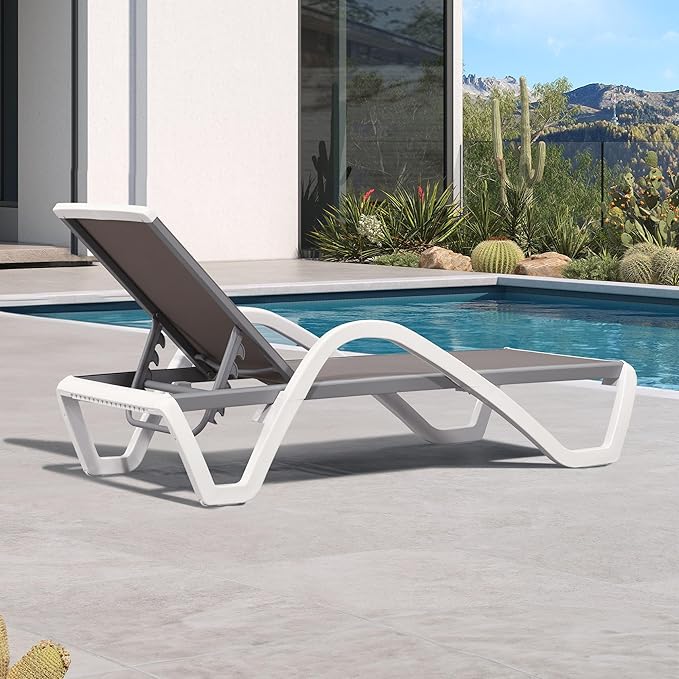 PURPLE LEAF Patio Chaise Lounge Chair with Armrests Outside Aluminum Plastic Stackable Tanning Chairs for Pool Sunbathing Beach Deck Outdoor Lounger, Taupe
