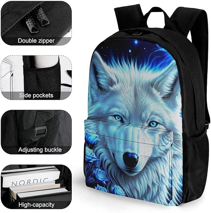 Shoulder Book Bags Anti-Theft Multipurpose Big Capacity Bookbag, White Galaxy Wolf With Blue Rose Travel Hiking Backpack With Smooth Zippers