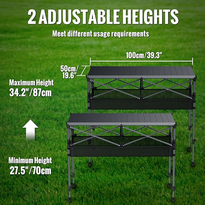 GARLLEN Folding Table for Camping, 2 Adjustable Height Portable Roll-up Picnic Table with Storage Net, Lightweight Aluminum Outdoor Table with Carrying Bag for Camping, BBQ, Beach, 39"L x 20"W