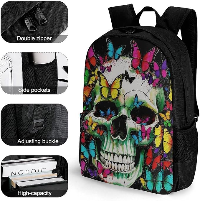 Daypack Backpack Anti-Theft Multipurpose Big Capacity Bookbag, Mexican Skulls Colorful Butterfly Business Computer Bag With Side Pockets