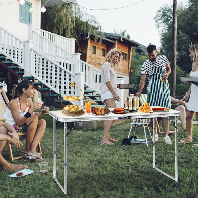 3.0 Ft Folding Portable Camping Table with Adjustable Height Aluminum Legs for Kitchen, BBQ, Dining, Picnic, Cooking, Beach, Garden, Party, Traval, Party, 4-6 People