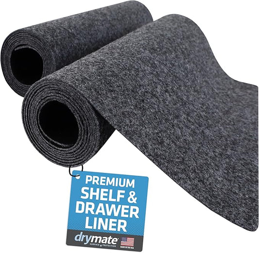 Drymate Premium Luxury Shelf & Drawer Liner, Thick Cushioned Fabric, Non-Adhesive, Absorbent, Waterproof, Slip-Resistant, Liners for Kitchen Cabinets, Cupboards (USA Made)(12”x59”)(2-Pack)(Charcoal)