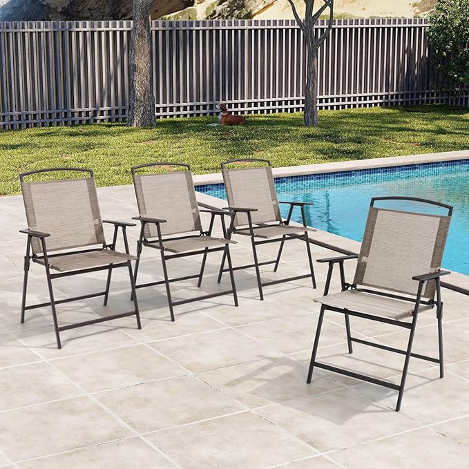Crestlive Products Patio Folding Chairs Set of 6, Outdoor Folding Chairs with Durable Rust-Resistant Frame and Breathable Textilene Material for Outside, Beige