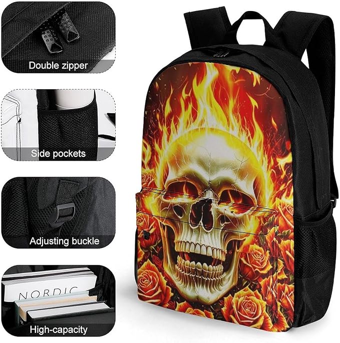Lightweight Rucksacks for Camping Picnic Walking Cycling, Large Capacity Multipurpose Anti-Theft Carry On Bag, Skull Rose Fire Travel Hiking Camping Rucksack