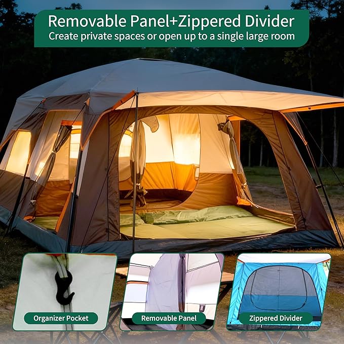 Large Family Standing Upright Camping Tent - 5-12 Persons Multi-Room Waterproof Tent with Screened Porch - Glamping Tent for Outdoor Camping & Family Vacation
