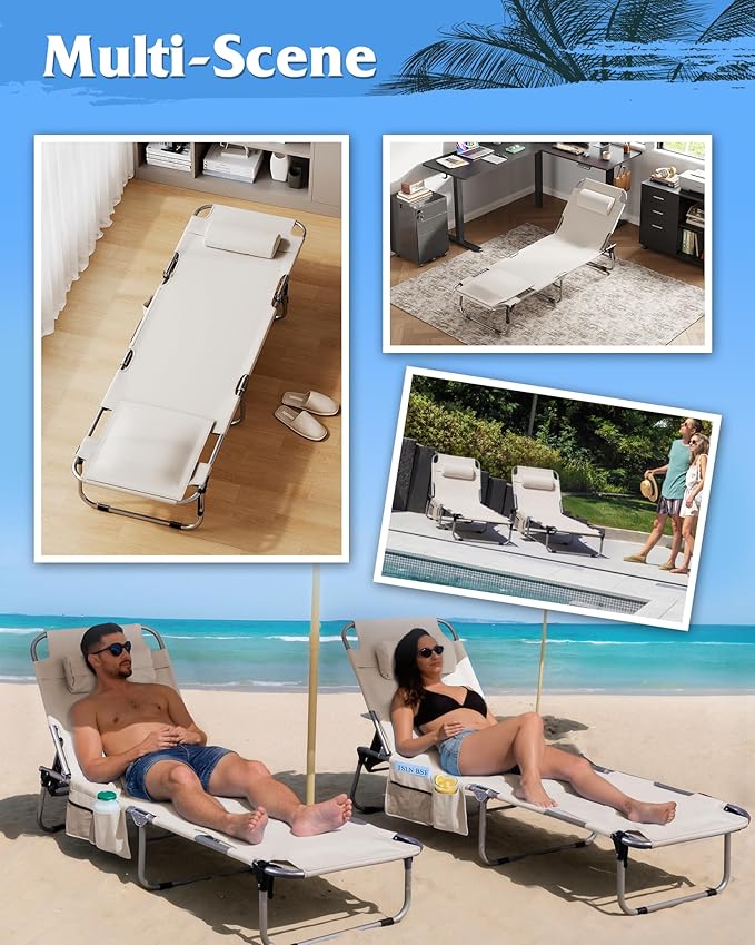 WLIVE Outdoor Tanning Chair, 5-Position Folding Beach Chair with Face Hole for Adults, Portable Patio Lounge Chair for Beach, Pool,Camping, Beige