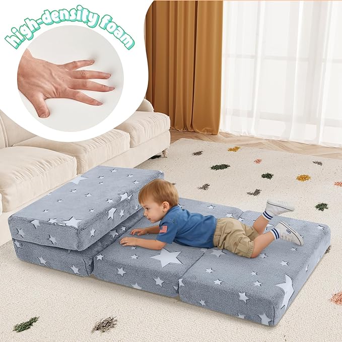 MeMoreCool Kids Folding Mattress, Trifold Mat Foldable Floor Mattress for Kids, 63x26 Portable Floor Mat with Washable Cover and Carry Bag, 4 Inch Foam Medium Firmness, Grey Star