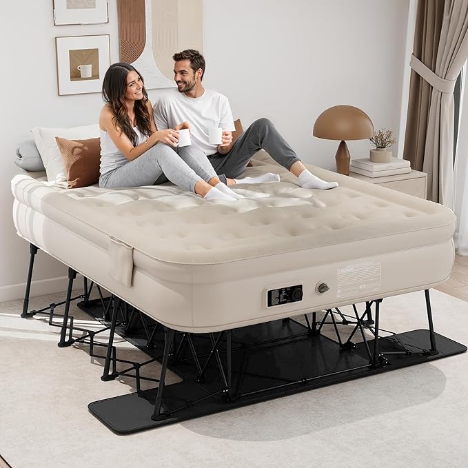 DWVO Inflatable Queen Air Bed with Folding Frame & Rolling Bag, Built-in Pump Blow Up Mattress for Camping, Guest Room & Travel, Portable Air Mattress with Case, 79 x 59 x 28 Inches, Brown