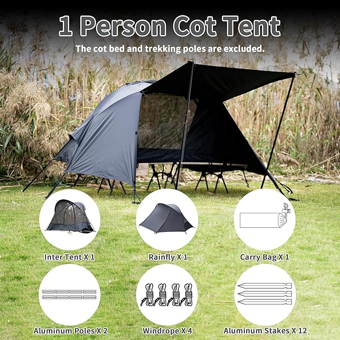 TENPLAY Cot Tent,Camping Tent,Backpacking Tent,3 Way Tent,Solo Tent,1 Person,Quick Setup,70D Nylon,pu5000mm,UV Cut,7001 Aluminium,Ultralight,Compact,Outerdoor,Hiking,Travel,Mountaineering