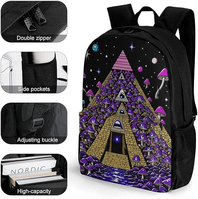 Men Women Polyester Trippy Magic Pyramid Mushrooms Universe Art Casual Daypack Large Capacity Carry On Bag With Adjustable Shoulder Straps for Camping Work Running