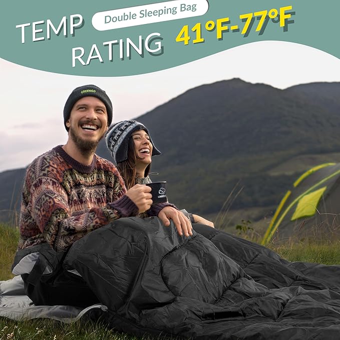 Elevon Double Sleeping Bag 2 Pillows for Adults, Queen Size XL Sleeping Bag Waterproof, Compact with Compression Sack, 2 Person Sleeping Bags Cold Warm Weather- 3 Seasons, Backpacking, Hiking, Travel