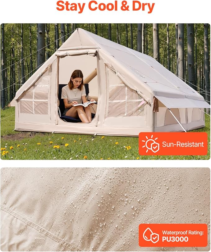 VEVOR Inflatable Tents for Camping, Easy Setup Blow up Tent with Hand Pump, 4 Season Glamping Tent with Stove Jack, Doors & Mesh Windows, Storage Bag Included for Easy Taking