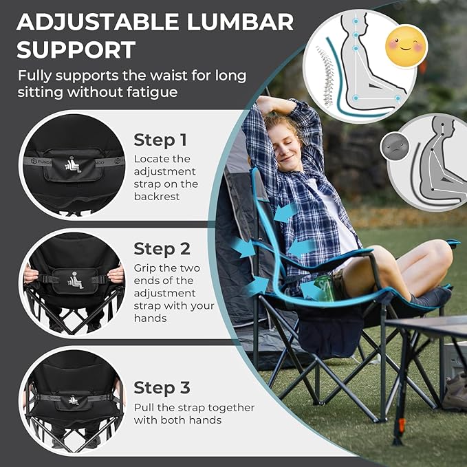 FUNDANGO Oversized Camping Chair for Adults,550lbs Heavy Duty Foldable Portable Lawn Chair with Padded Seat & Back, 4-can Cooler & Cup Holder, Carry Bag Included for Outdoor (Black/Grey)