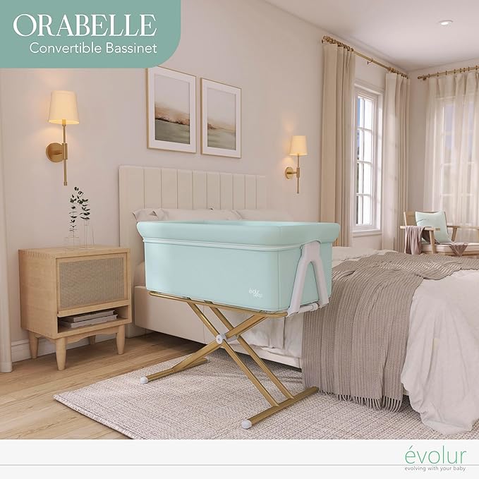 Evolur Orabelle Baby Bassinet & Bedside Sleeper, Breathable Mesh Sides, Plush Mattress Pad with Removable Cover, Tool-Free Assembly, Quick Foldable Steel Frame Compact Design with Travel Bag – Mint