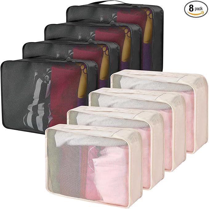 Silkfly 8 Pcs XL Packing Cube for Travel Luggage Organizer Suitcase High Capacity Large Packing Bag Bulk Reusable Mesh Travel Cube for Hiking Camping Accessory, 17.7 x 13 x 4.7 Inch (Black Beige)