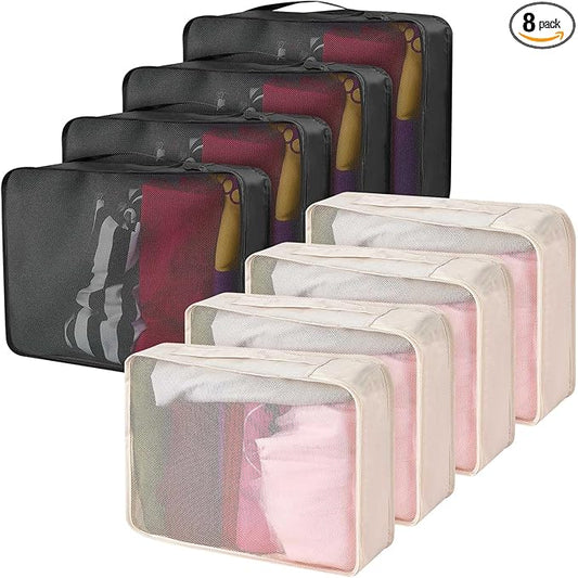 Silkfly 8 Pcs XL Packing Cube for Travel Luggage Organizer Suitcase High Capacity Large Packing Bag Bulk Reusable Mesh Travel Cube for Hiking Camping Accessory, 17.7 x 13 x 4.7 Inch (Black Beige)