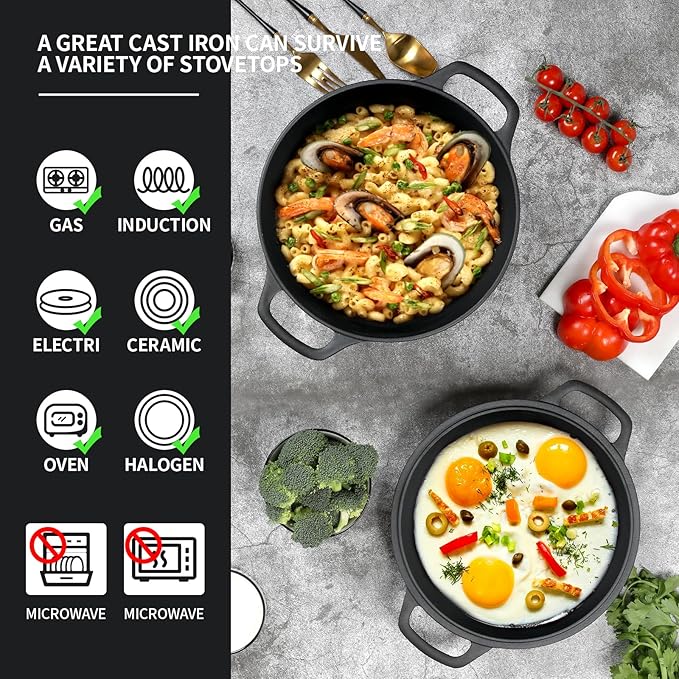 2-in-1 Pre-Seasoned Cast Iron Dutch Oven Pot with Skillet Lid Cooking Pan, Cast Iron Skillet Cookware Pan Set with Dual Handles Indoor Outdoor for Bread, Frying, Baking, Camping, 7QT