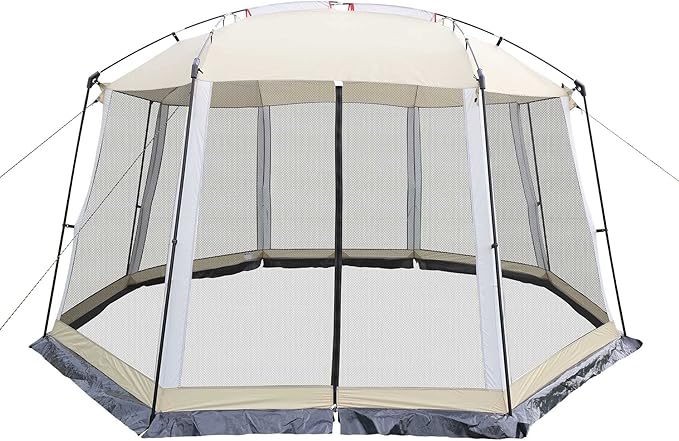 HYPER VENTURE Screen House 13x13 Feet Octagonal Mesh Canopy Camping Gazebo Shelter Tent for 8-10 People Outdoor Party Activities, Khaki