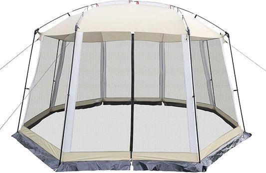 HYPER VENTURE Screen House 13x13 Feet Octagonal Mesh Canopy Camping Gazebo Shelter Tent for 8-10 People Outdoor Party Activities, Khaki
