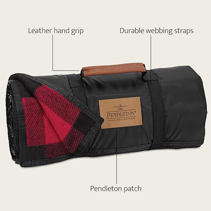 Pendleton Roll-Up Travel Blanket 60” x 70”, Durable Wool Blanket with a Waterproof Nylon Backing, Portable for Travel, Camping and Picnics with Leather Handle Grip and Patch