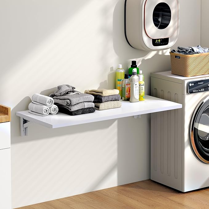 Need Fold Wall Mounted Table Folding Workbench Length 47.2" Width 20" Perfect Addition to Garage & Shed/Home Office/Laundry Room/Home Bar/Kitchen & Dining Room White AC15-12050WW-ND