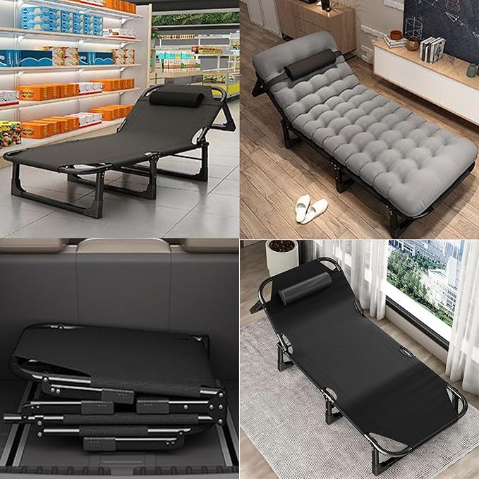 Portable Folding Camping Cot, Adjustable 4-Position Adults Reclining Folding Camping Cot Sleeping Bed Cots for Office Pool Beach Patio Camping Lawn Outside (Gray)