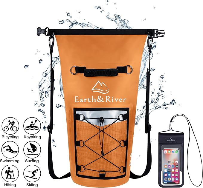EARTH&RIVER Premium Dry Bag Backpack, Extra Thick, Protection for All Water Activities & Camping, Floating Lightweight Dry Bag with Inside Pocket Storage & IPX8 Waterproof Phone Case (Orange, 20L)