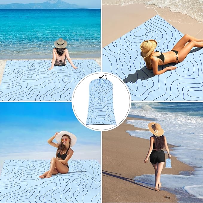 110''×118'' Beach Blanket for 2-8 Adults, Polyester Waterproof Sandproof Beach Mat with 4 Stakes & Storage Bag, Oversized Compact Foldable Blue Outdoor Pocket Blanket for Picnic, Travel, Camping