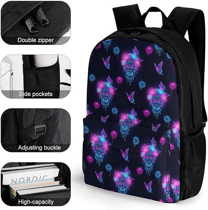 Lightweight Daypack for Camping Business Walking Cycling, Large Capacity Anti-Theft Multipurpose Bookbag, Colorful Rose Butterflies Skulls Gym Outdoor Hiking Backpack