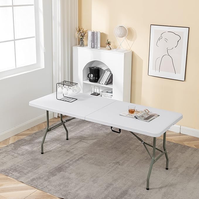 BTEXPERT Plastic Folding Table Fold-in-Half 6 Ft 72"x29.5" Heavy Duty Portable Handle, Indoor Outdoor Picnic Camping Home Event Picnic Party Wedding Tailgating White
