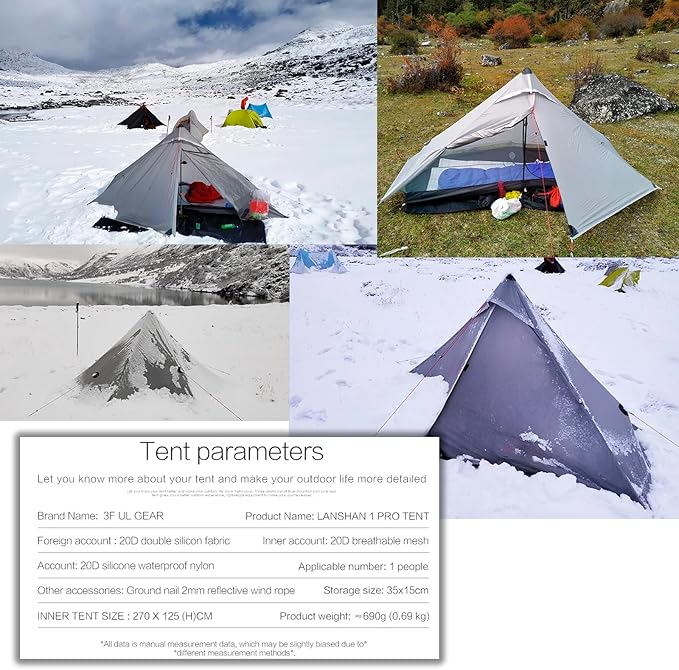 3FULGEAR Lanshan 1 Pro Upgraded Ultralight 1-Person Camping Tent – 3/4 Season, 20D Double-Sided Silicone Nylon, Waterproof, Lightweight for Hiking, Trekking, Climbing